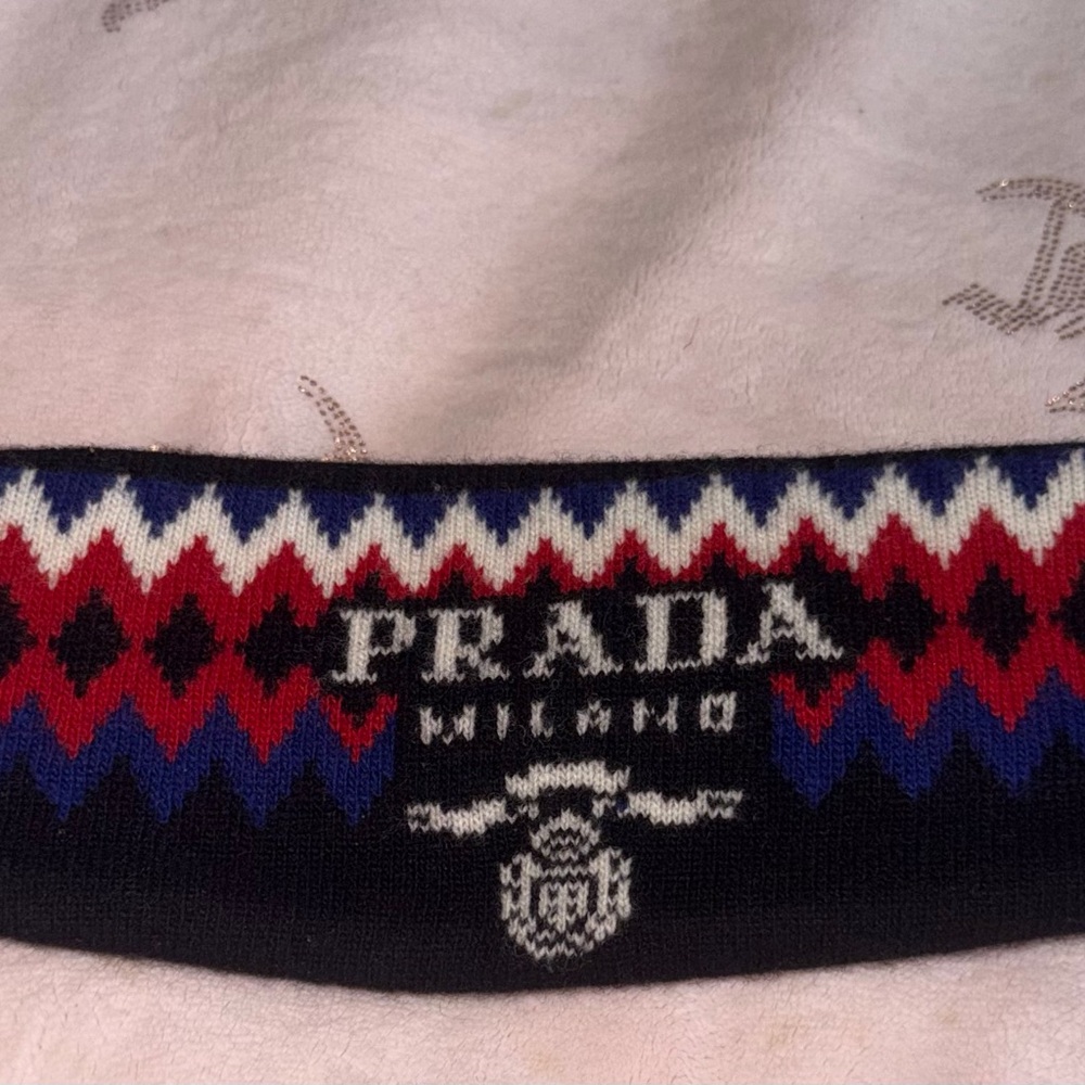 Prada Black Headband with Red & Blue Geometric Knit